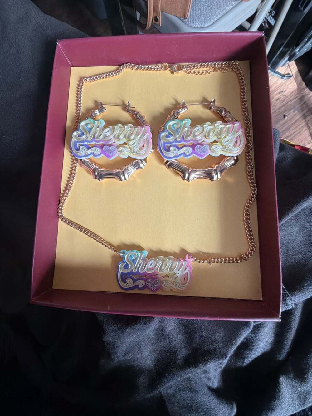 Custom Rainbow Acrylic Name Bamboo Hoop Earrings and Necklace Set